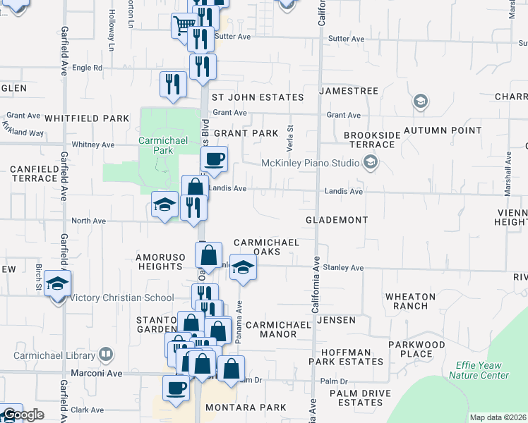 map of restaurants, bars, coffee shops, grocery stores, and more near 3320 Parks Lane in Carmichael