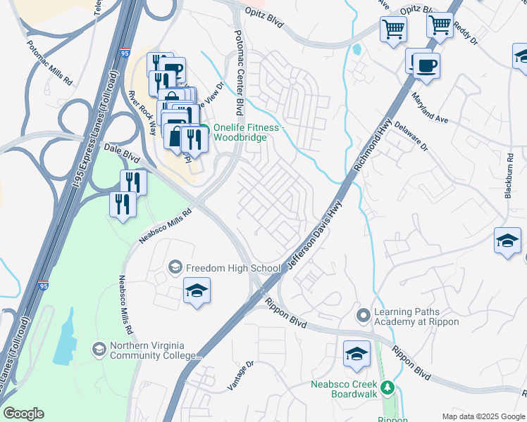 map of restaurants, bars, coffee shops, grocery stores, and more near Regents Park Drive in Woodbridge