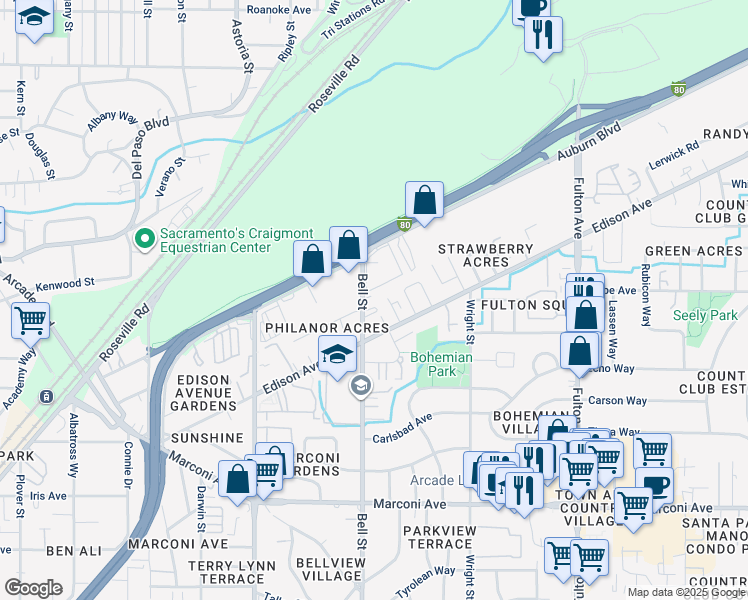 map of restaurants, bars, coffee shops, grocery stores, and more near 3240 Bell Street in Sacramento