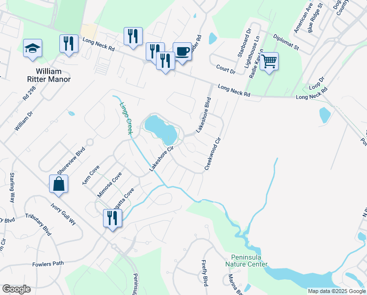 map of restaurants, bars, coffee shops, grocery stores, and more near 26465 Heartwood Cove in Long Neck