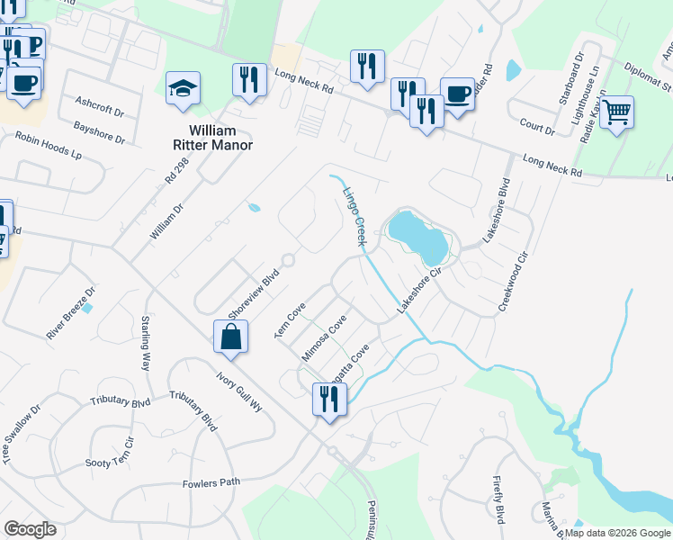 map of restaurants, bars, coffee shops, grocery stores, and more near 33425 Lakeshore Circle in Millsboro