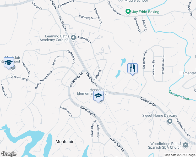 map of restaurants, bars, coffee shops, grocery stores, and more near 15094 Jarrell Place in Woodbridge