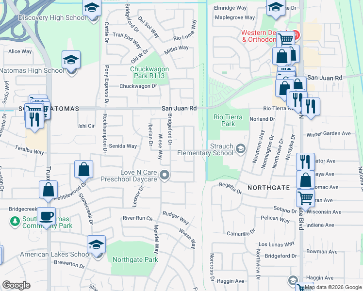 map of restaurants, bars, coffee shops, grocery stores, and more near 3116 Bridgeford Drive in Sacramento
