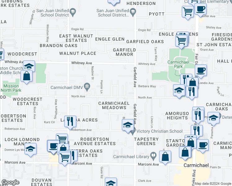 map of restaurants, bars, coffee shops, grocery stores, and more near 3309 Arya Way in Carmichael