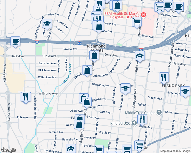map of restaurants, bars, coffee shops, grocery stores, and more near 7466 Arlington Drive in Richmond Heights
