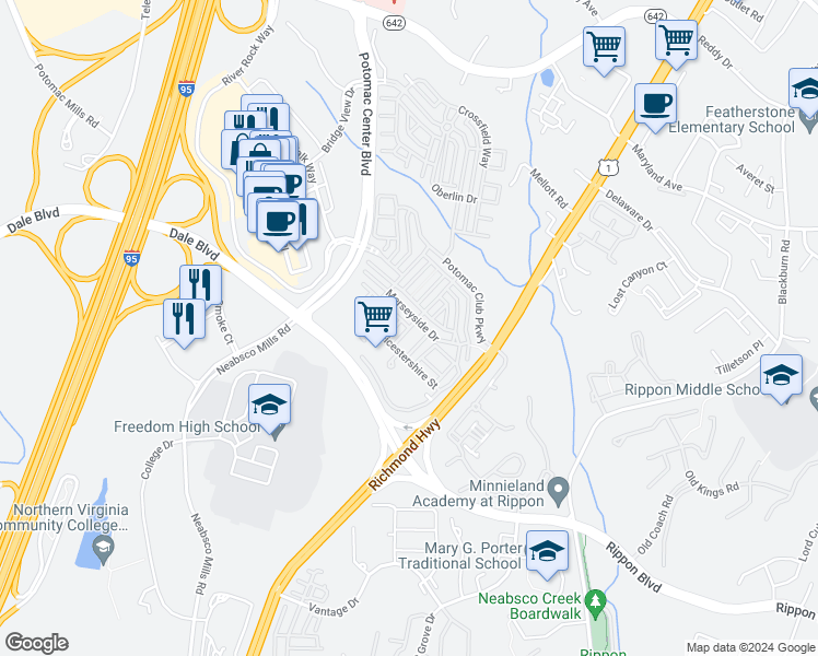 map of restaurants, bars, coffee shops, grocery stores, and more near Regents Park Drive in Woodbridge