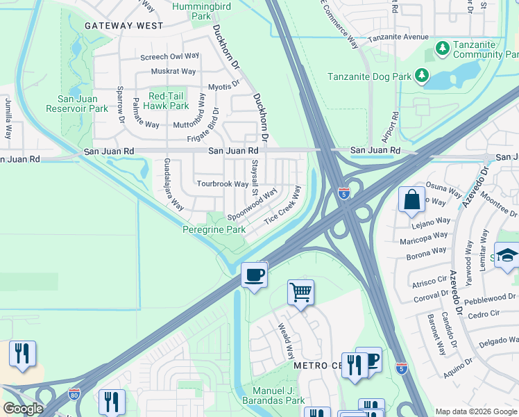 map of restaurants, bars, coffee shops, grocery stores, and more near 3036 Brunnet Lane in Sacramento