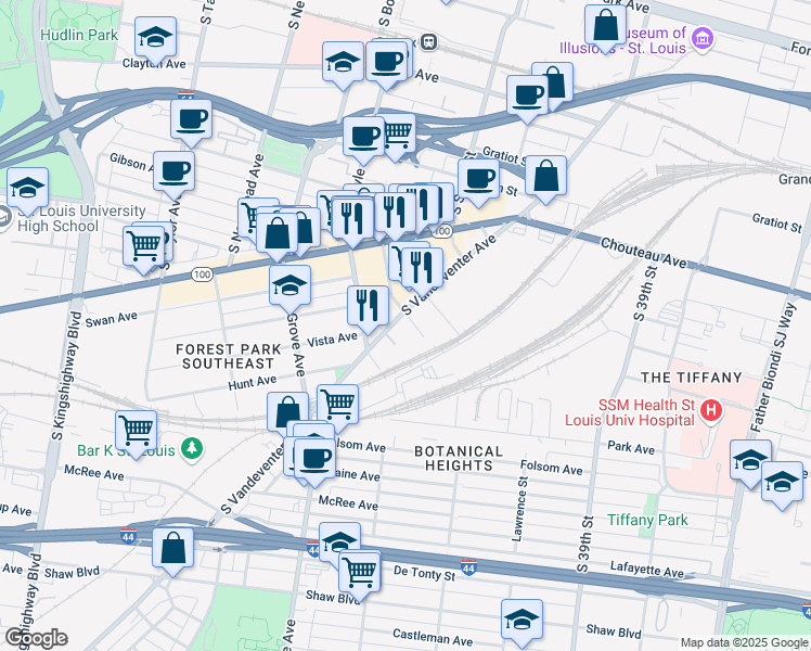 map of restaurants, bars, coffee shops, grocery stores, and more near 1402 South Vandeventer Avenue in St. Louis