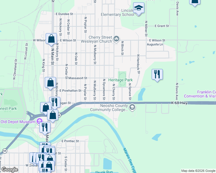 map of restaurants, bars, coffee shops, grocery stores, and more near 610 North Cherry Street in Ottawa