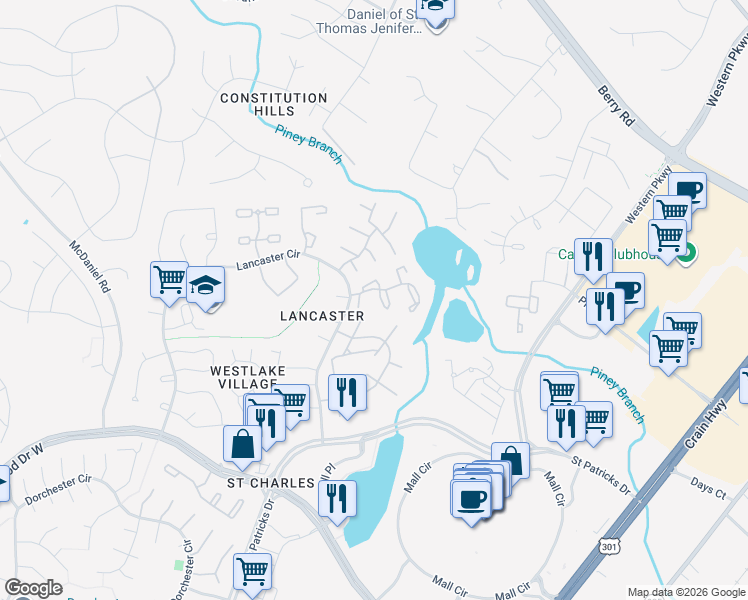 map of restaurants, bars, coffee shops, grocery stores, and more near 4201 Drake Court in Waldorf