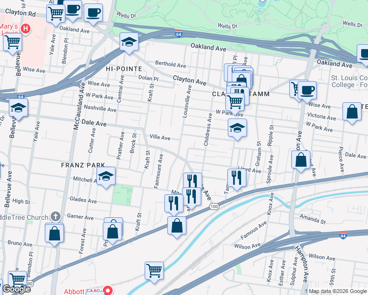 map of restaurants, bars, coffee shops, grocery stores, and more near in St. Louis