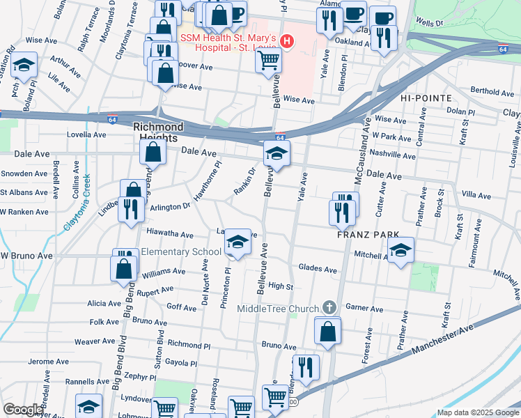 map of restaurants, bars, coffee shops, grocery stores, and more near 1519 Bellevue Avenue in Richmond Heights