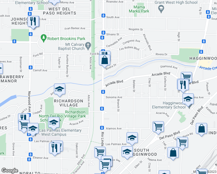 map of restaurants, bars, coffee shops, grocery stores, and more near 930 Arcade Boulevard in Sacramento