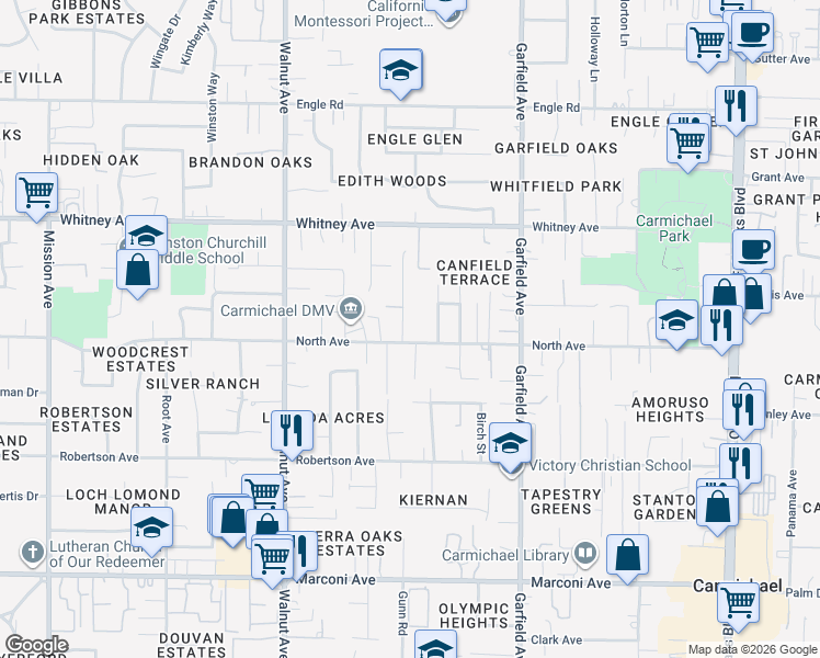 map of restaurants, bars, coffee shops, grocery stores, and more near 3308 Hunter Lane in Carmichael