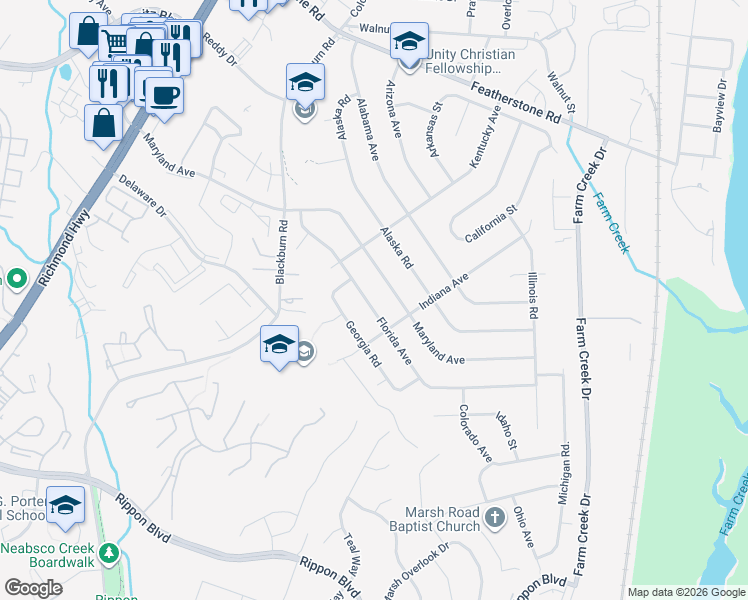 map of restaurants, bars, coffee shops, grocery stores, and more near 1608 Florida Avenue in Woodbridge