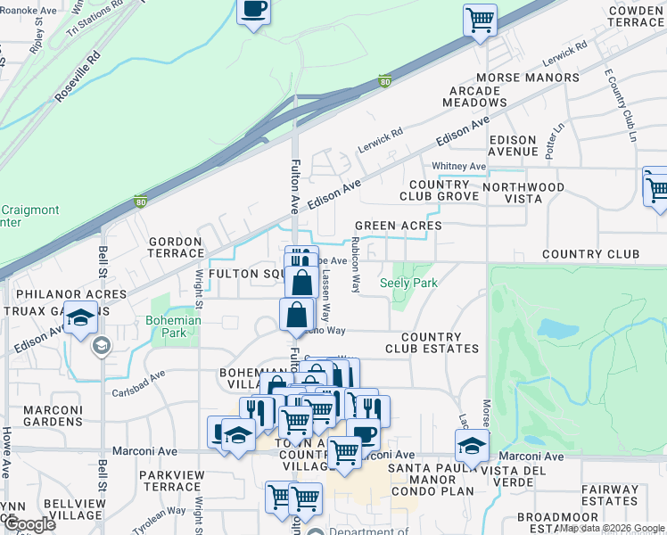 map of restaurants, bars, coffee shops, grocery stores, and more near 3250 Lassen Way in Sacramento