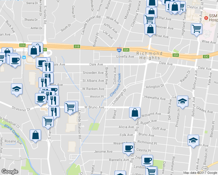 map of restaurants, bars, coffee shops, grocery stores, and more near 1525 Collins Avenue in Richmond Heights
