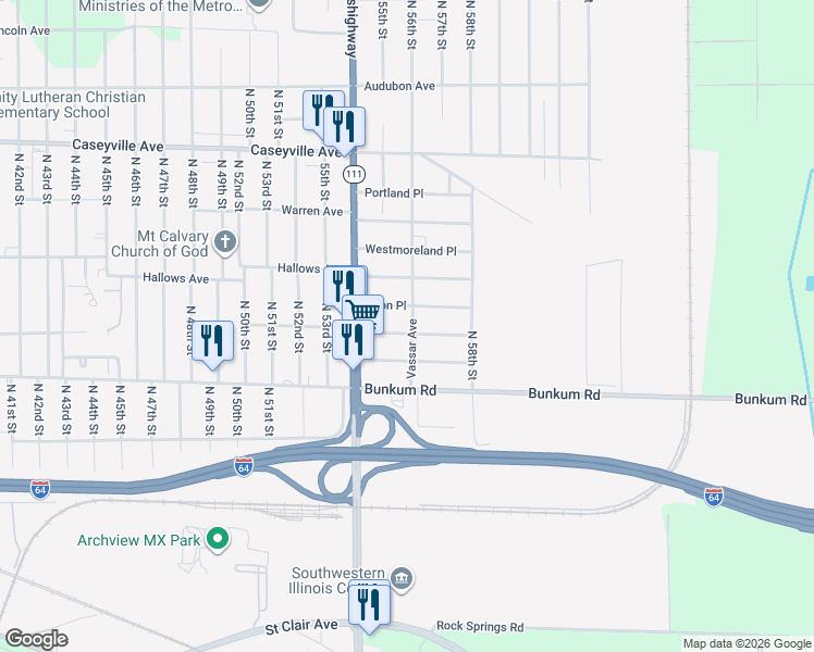 map of restaurants, bars, coffee shops, grocery stores, and more near 5431 Rosemont Avenue in East St. Louis