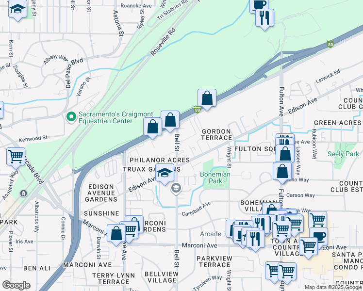 map of restaurants, bars, coffee shops, grocery stores, and more near 3221 Fairview Court in Sacramento