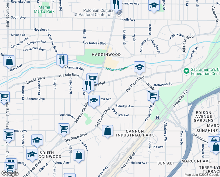 map of restaurants, bars, coffee shops, grocery stores, and more near 3143 Palmer Street in Sacramento