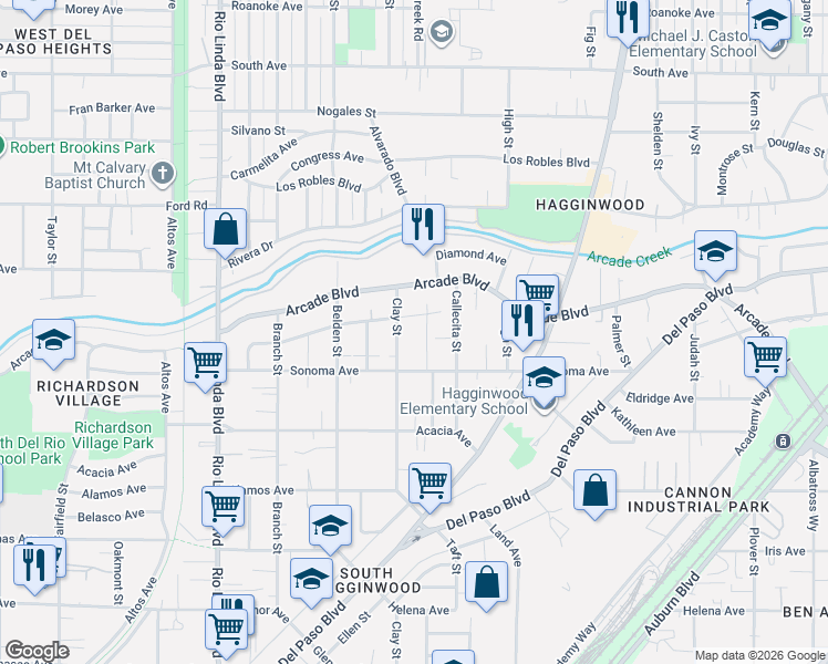 map of restaurants, bars, coffee shops, grocery stores, and more near 1208 Opal Lane in Sacramento