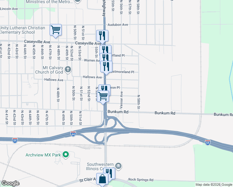 map of restaurants, bars, coffee shops, grocery stores, and more near 5431 Rosemont Avenue in East St. Louis