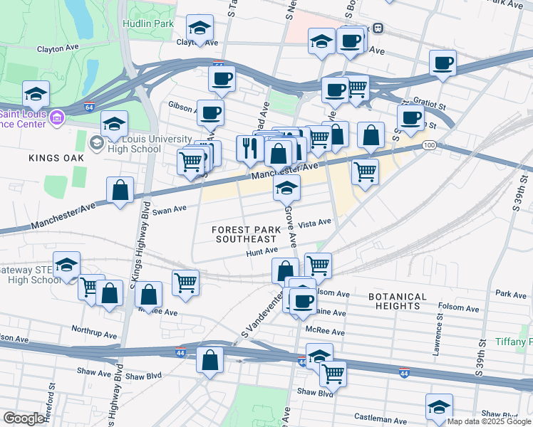 map of restaurants, bars, coffee shops, grocery stores, and more near 4343 Norfolk Avenue in St. Louis
