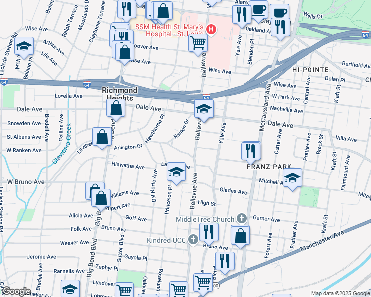 map of restaurants, bars, coffee shops, grocery stores, and more near 1519 Bellevue Avenue in Richmond Heights