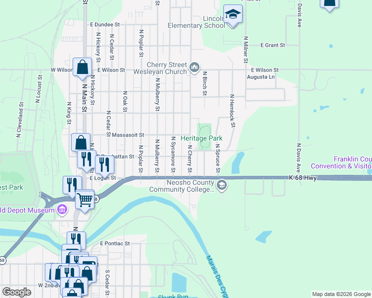 map of restaurants, bars, coffee shops, grocery stores, and more near 610 N Cherry St in Ottawa