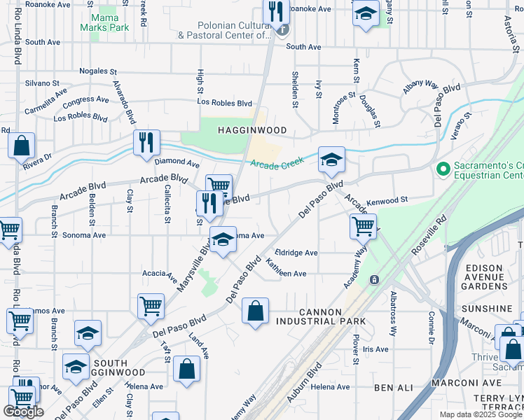 map of restaurants, bars, coffee shops, grocery stores, and more near 3143 Palmer Street in Sacramento