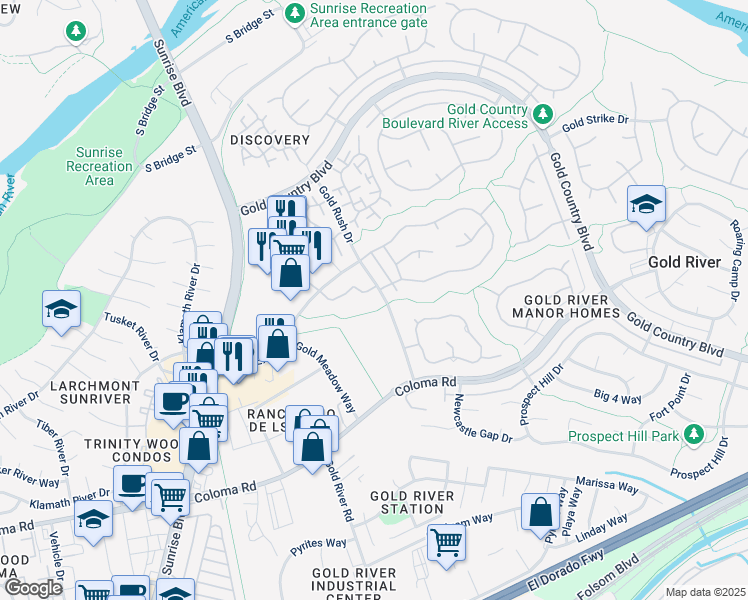 map of restaurants, bars, coffee shops, grocery stores, and more near 103 Gold Rush Drive in Gold River
