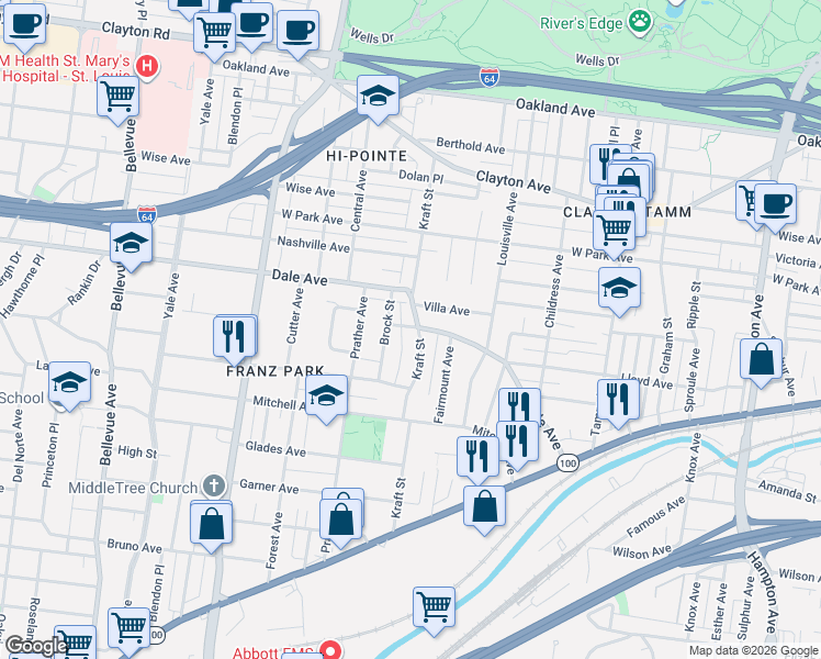 map of restaurants, bars, coffee shops, grocery stores, and more near 1501 Kraft Street in St. Louis