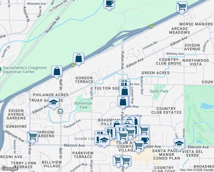 map of restaurants, bars, coffee shops, grocery stores, and more near 2491 Roland Road in Sacramento