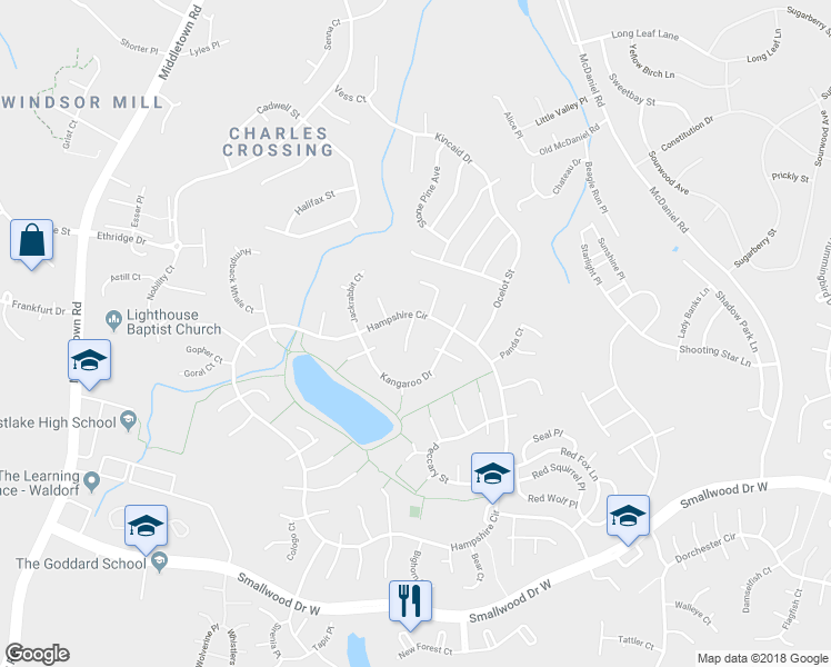 map of restaurants, bars, coffee shops, grocery stores, and more near 6726 Mink Court in Waldorf