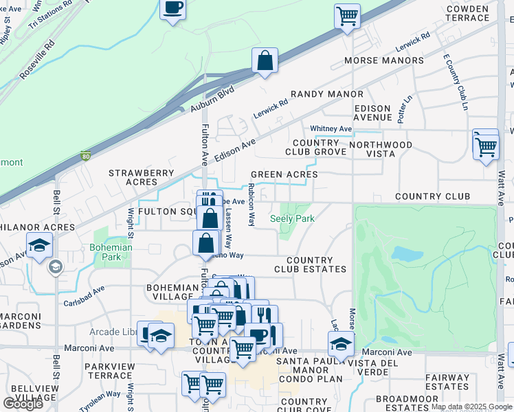 map of restaurants, bars, coffee shops, grocery stores, and more near 2780 Pope Avenue in Sacramento