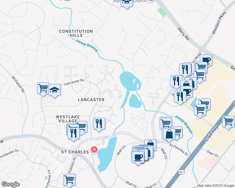 map of restaurants, bars, coffee shops, grocery stores, and more near 4233 Drake Court in Waldorf