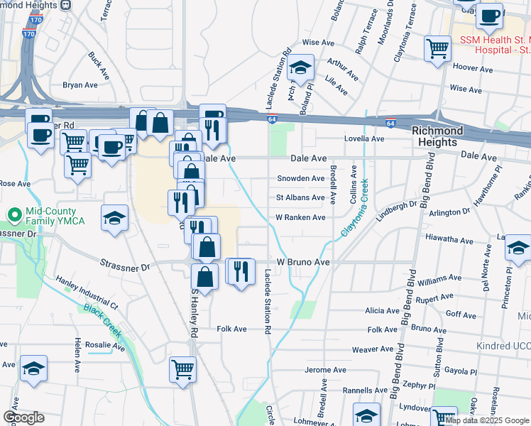 map of restaurants, bars, coffee shops, grocery stores, and more near 1501 Laclede Station Road in Richmond Heights