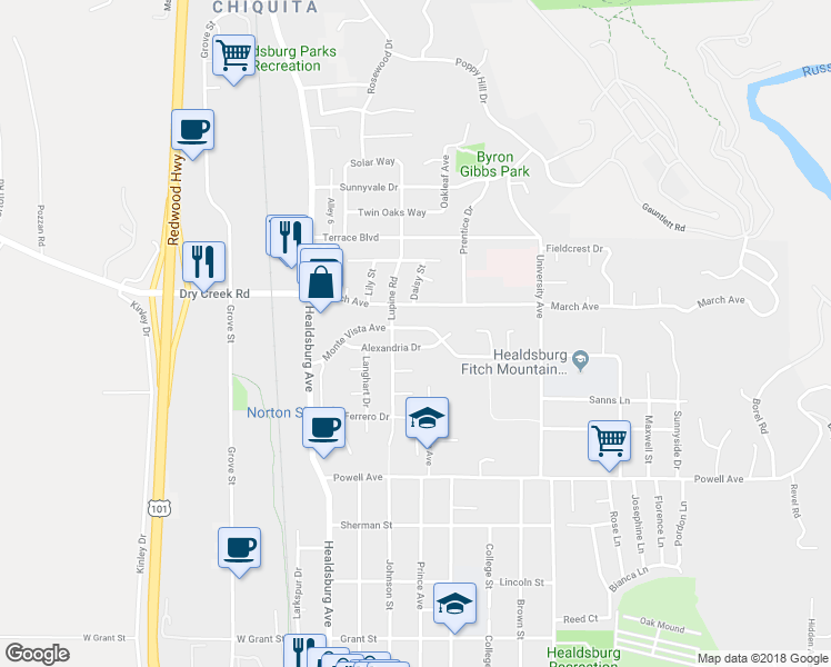 map of restaurants, bars, coffee shops, grocery stores, and more near 260 Monte Vista Avenue in Healdsburg