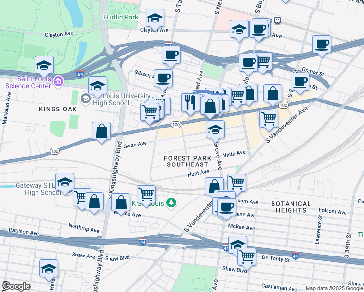 map of restaurants, bars, coffee shops, grocery stores, and more near 4405 Norfolk Avenue in St. Louis