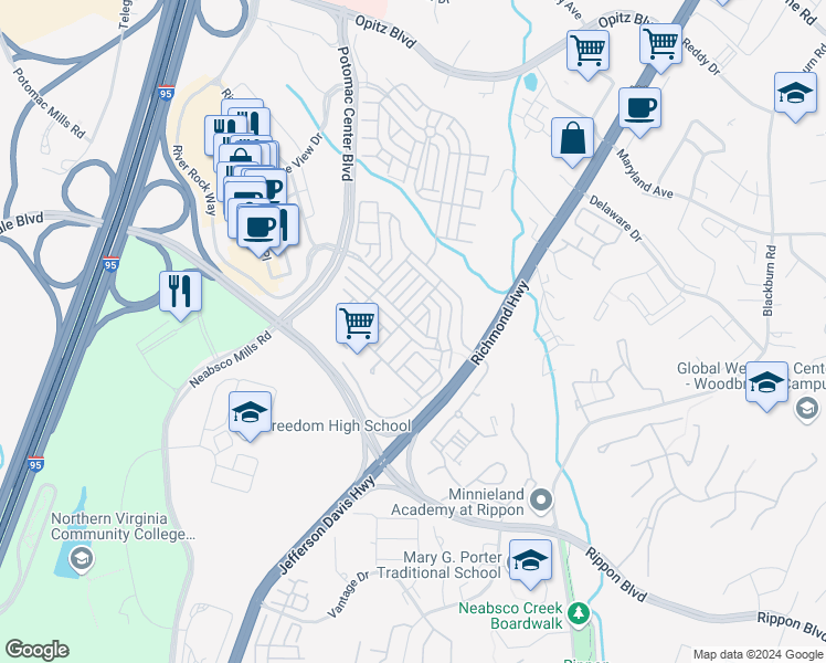 map of restaurants, bars, coffee shops, grocery stores, and more near 2240 Merseyside Drive in Woodbridge