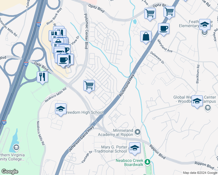 map of restaurants, bars, coffee shops, grocery stores, and more near 2113 Abbottsbury Way in Woodbridge