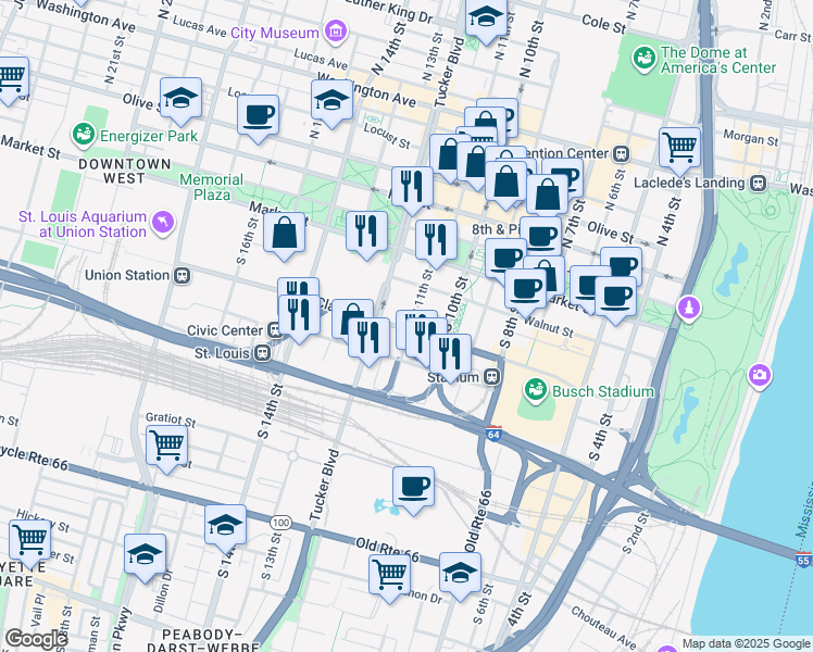 map of restaurants, bars, coffee shops, grocery stores, and more near 183 South 11th Street in St. Louis