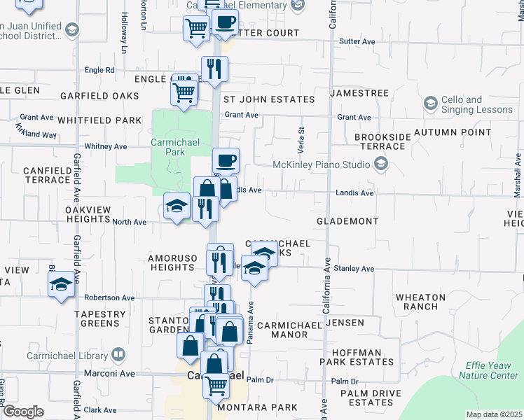 map of restaurants, bars, coffee shops, grocery stores, and more near 3329 Parks Lane in Carmichael