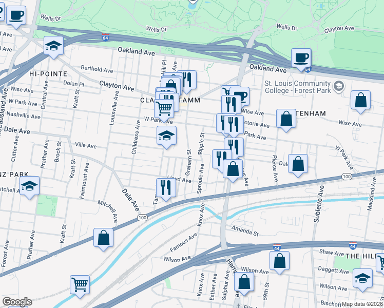map of restaurants, bars, coffee shops, grocery stores, and more near 1404 Graham Street in St. Louis