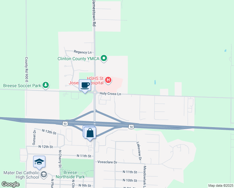 map of restaurants, bars, coffee shops, grocery stores, and more near 9614 County Road 1400 North in Breese