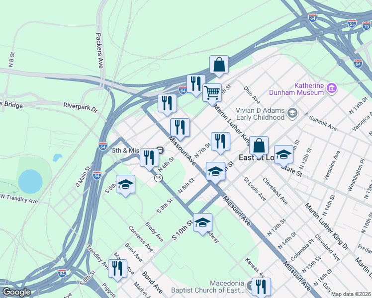 map of restaurants, bars, coffee shops, grocery stores, and more near 603 Missouri Avenue in East St. Louis