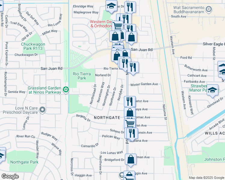 map of restaurants, bars, coffee shops, grocery stores, and more near 3205 Northview Drive in Sacramento
