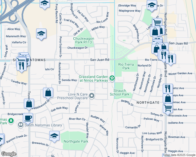 map of restaurants, bars, coffee shops, grocery stores, and more near 3116 Bridgeford Dr in Sacramento