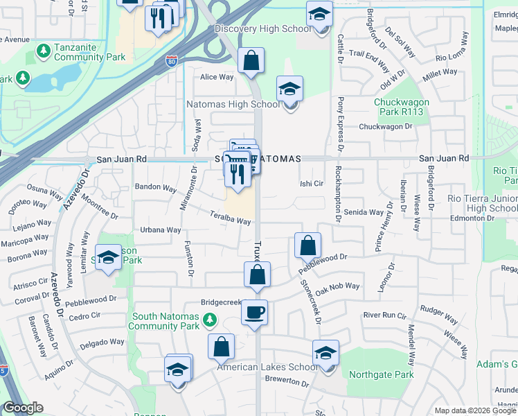 map of restaurants, bars, coffee shops, grocery stores, and more near 3171 Truxel Road in Sacramento