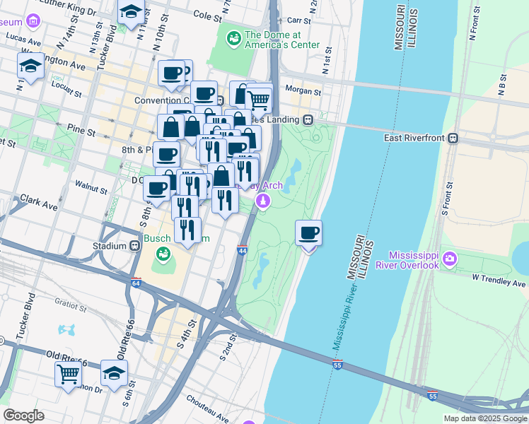 map of restaurants, bars, coffee shops, grocery stores, and more near 401 Market St in St Louis
